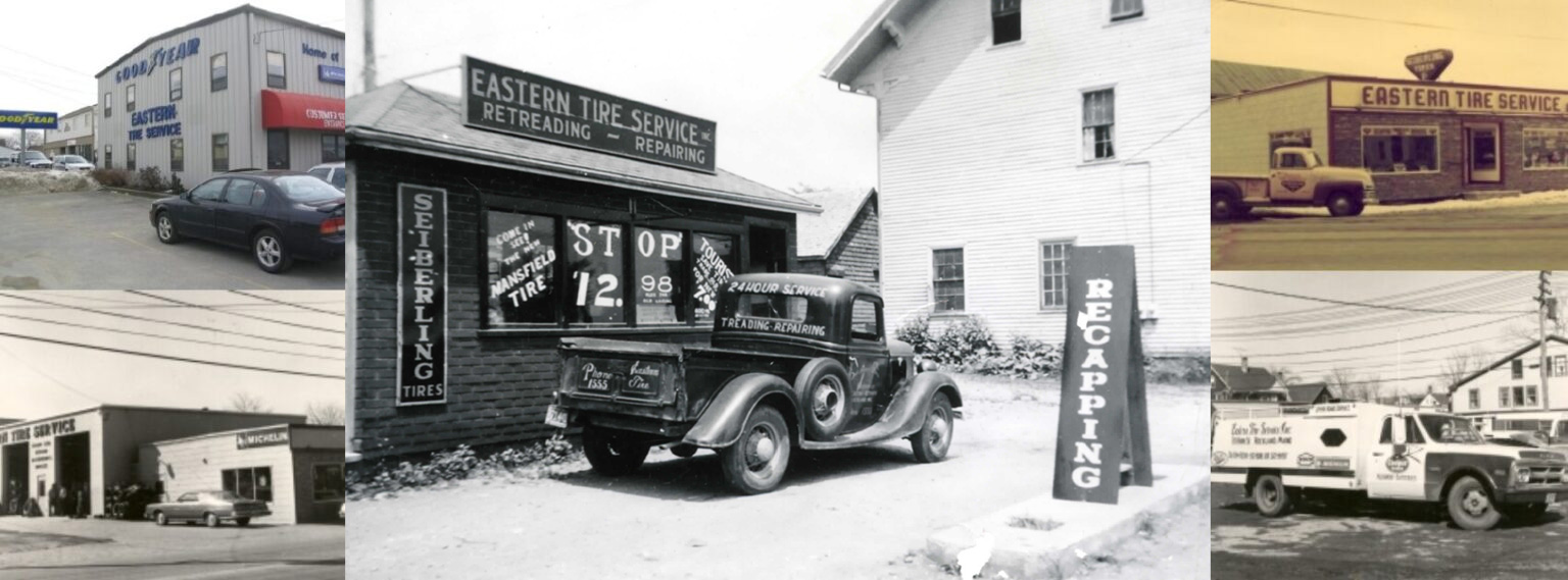 A collage of historical and modern images of Eastern Tire Service, showcasing various storefronts, vehicles, and signage related to tire retreading, repairing, and servicing.